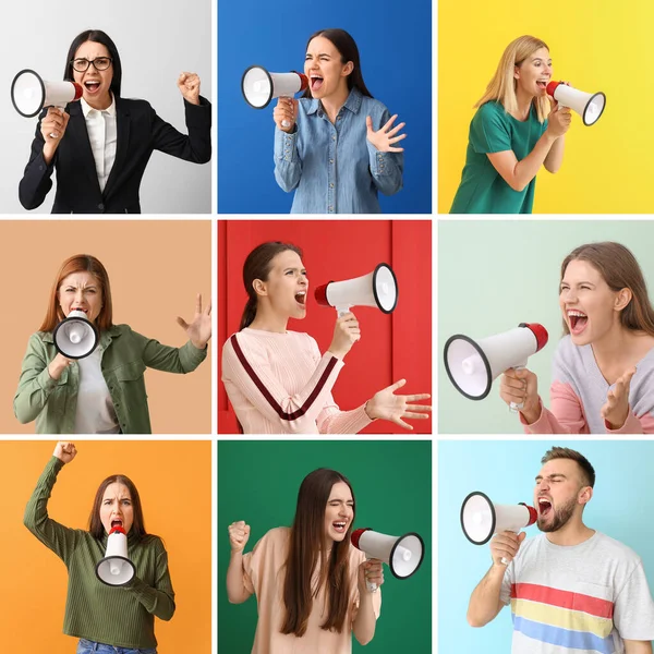 Collage Different Screaming People Megaphone Color Background — Stock Photo, Image