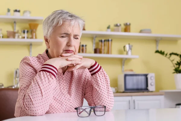 Stressed Senior Woman Suffering Headache Home — Stock Photo, Image