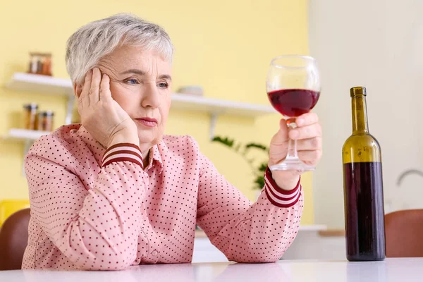Stressed Senior Woman Drinking Wine Home — Stock Photo, Image