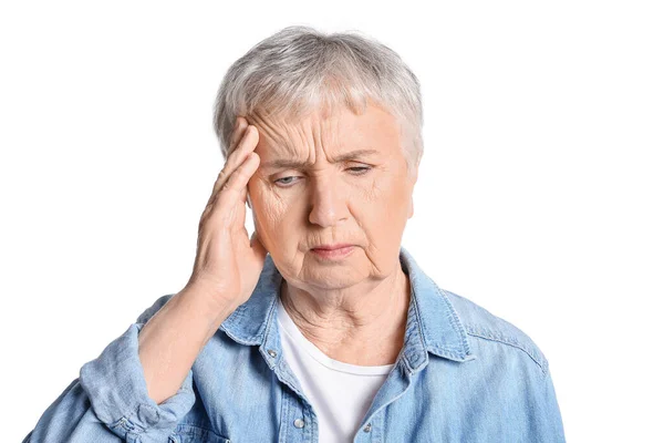 Stressed Senior Woman Suffering Headache Isolated White Background — Stock Fotó