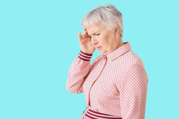 Stressed Senior Woman Suffering Headache Color Background — Stock Fotó