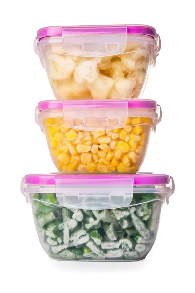 Frozen Vegetables Plastic Containers White Background — Stock Photo, Image