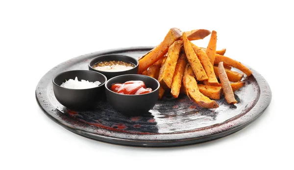 Board Tasty Cooked Sweet Potato White Background — Stock Photo, Image