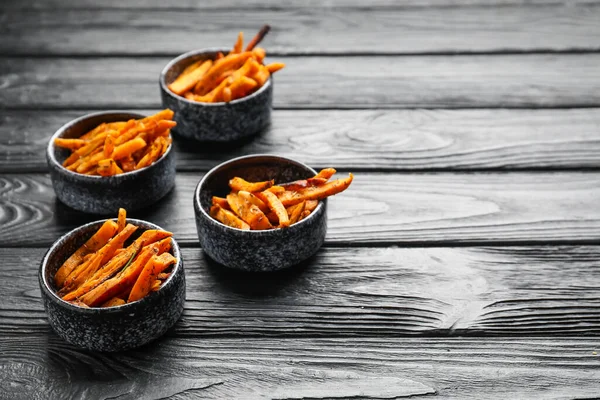 Bowls Tasty Cooked Sweet Potato Wooden Background — Stock Photo, Image