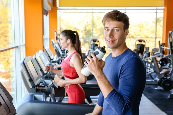 Young Man Drinking Water Treadmill Gym — Stock Photo, Image
