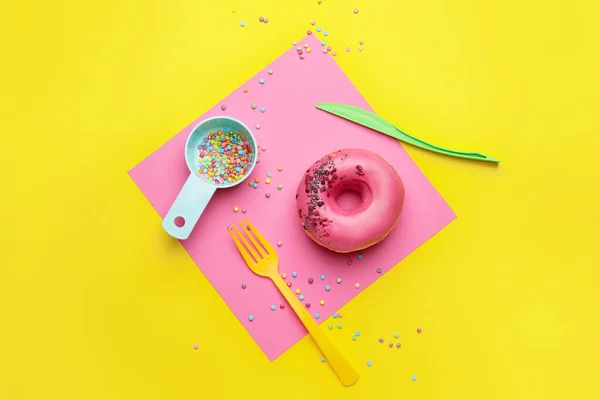 Composition Sweet Donut Color Background — Stock Photo, Image
