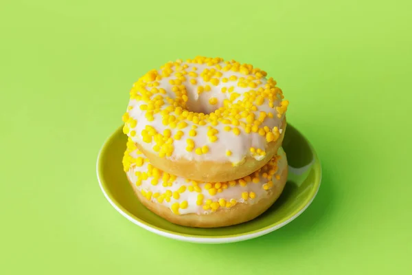 Plate Sweet Donuts Color Background — Stock Photo, Image