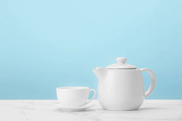 Teapot Cup Table Color Background — Stock Fotó