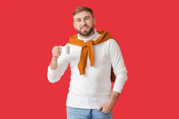 Handsome Young Man Hot Coffee Color Background — Stock Photo, Image