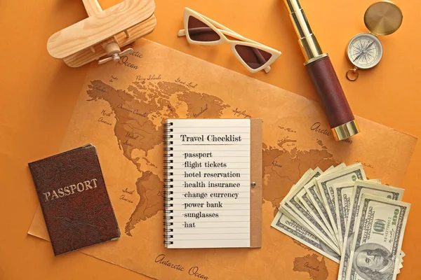 Cuaderno Con Lista Cosas Que Hacer Antes Viajar Mapa Del — Foto de Stock