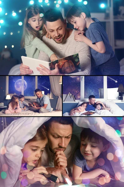 Collage Van Foto Met Vader Zijn Kleine Kinderen Lezen Bedtijd — Stockfoto