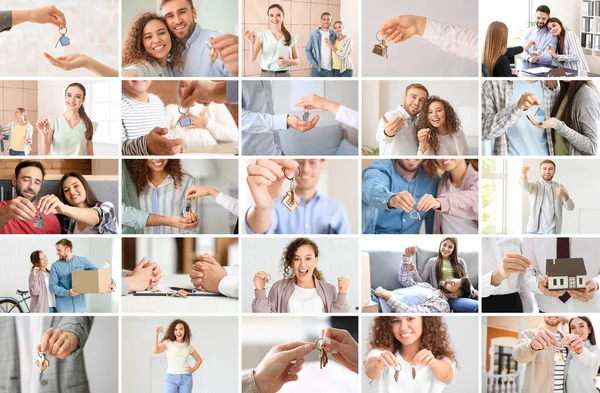 Collage Gente Feliz Con Llaves Casa Nueva —  Fotos de Stock