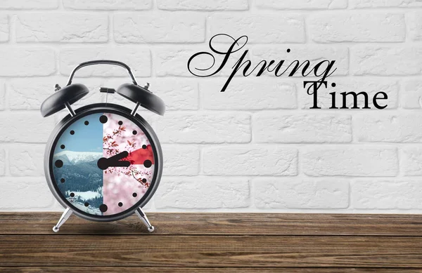 Alarm Clock Table White Brick Background Text Spring Time Concept — Stock Photo, Image