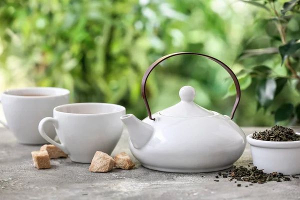 Teapot Cups Tea Table Blurred Background — Stock Photo, Image