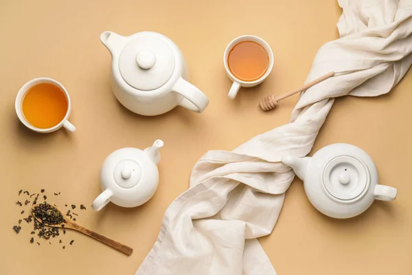 Composition Teapots Cups Tea Color Background — Stock Photo, Image