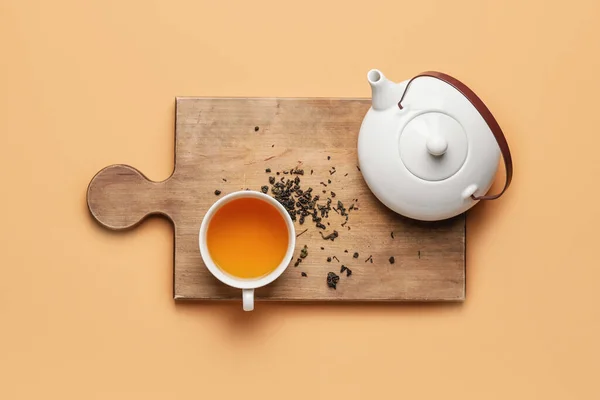 Composition Teapot Cup Tea Color Background — Stock Photo, Image