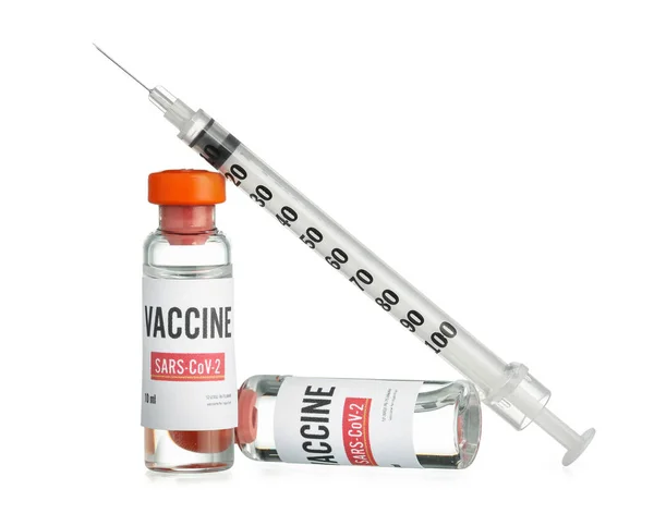 Vakcína Pro Imunizaci Proti Covid Injekční Stříkačka Bílém Pozadí — Stock fotografie