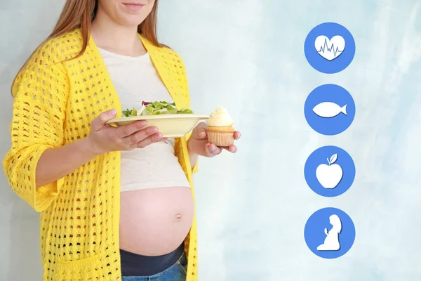 Young Pregnant Woman Food Health Icons Color Background — Stock Photo, Image