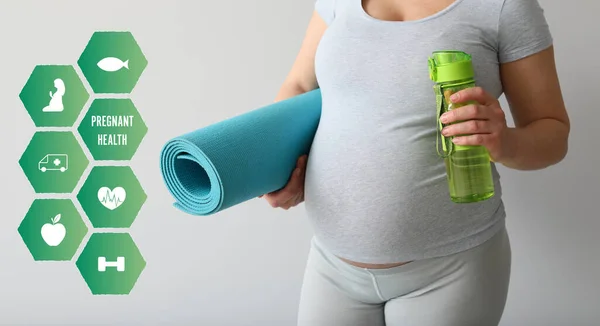 Sporty Pregnant Woman Health Icons Grey Background — Stock Photo, Image