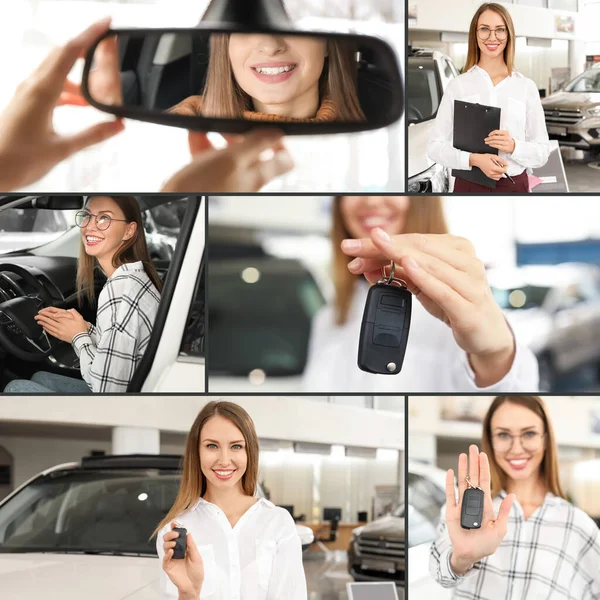 サロンで新車を買う若い女性との写真のコラージュ — ストック写真