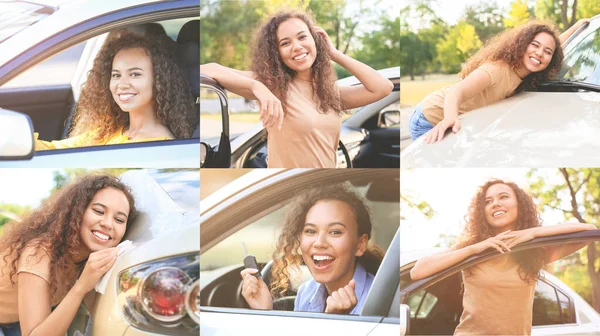 Colagem Fotos Com Mulher Afro Americana Feliz Seu Carro — Fotografia de Stock