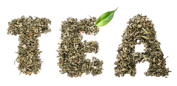 Word Tea Aus Trockenen Teeblättern Auf Weißem Hintergrund — Stockfoto