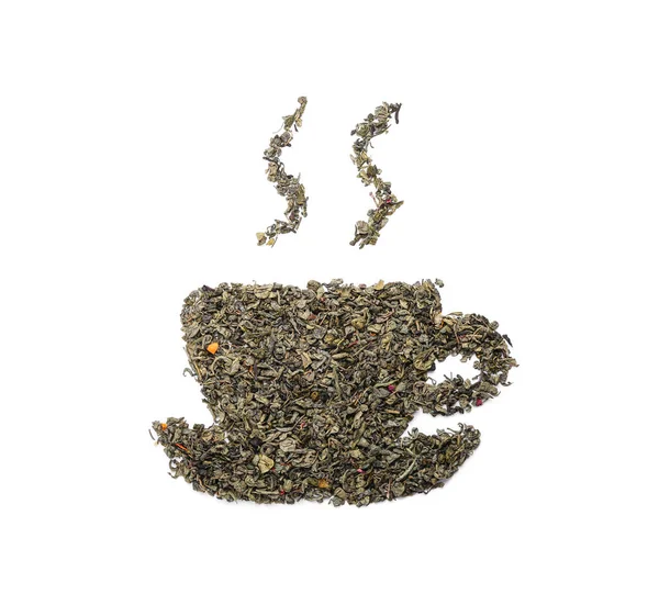 Форма Чашки Сухого Зеленого Чайного Листя Білому Тлі — стокове фото