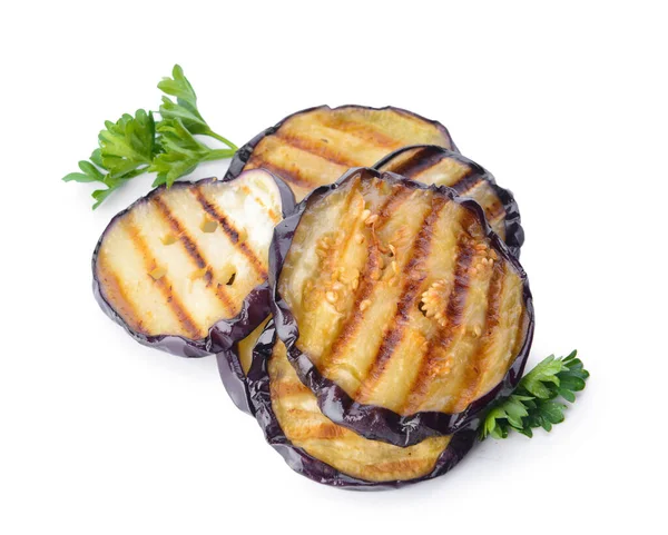 Tasty Grilled Eggplant Parsley White Background — Stock Photo, Image