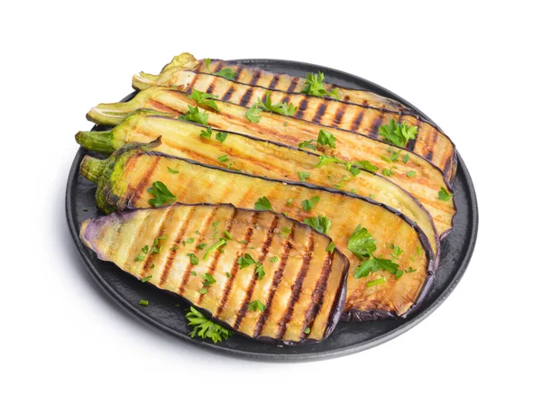 Tasty Grilled Eggplant Parsley Plate White Background — Stock Photo, Image