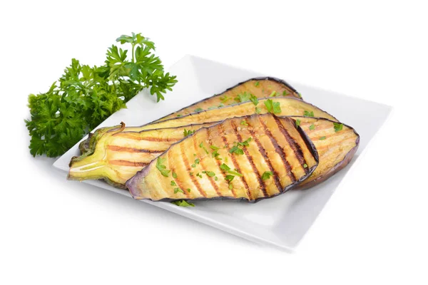 Tasty Grilled Eggplant Parsley Plate White Background — Stock Photo, Image