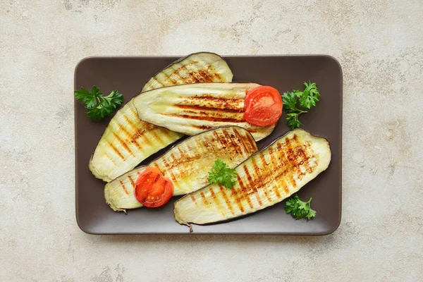 Tasty Grilled Eggplant Tomato Parsley Plate Light Background — Stock Photo, Image