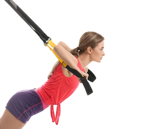 Sporty Young Woman Training Trx Straps White Background — Stock Photo, Image