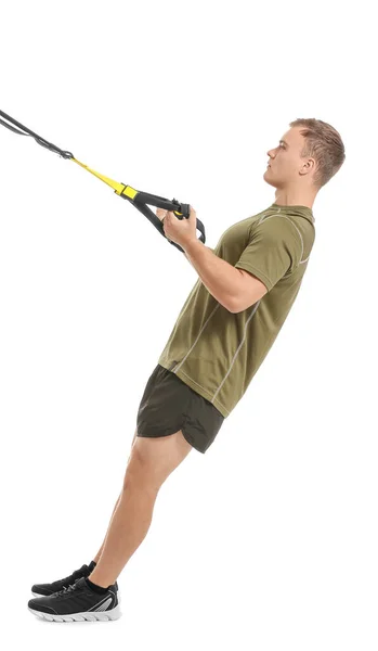 Joven Deportivo Entrenando Con Correas Trx Sobre Fondo Blanco — Foto de Stock