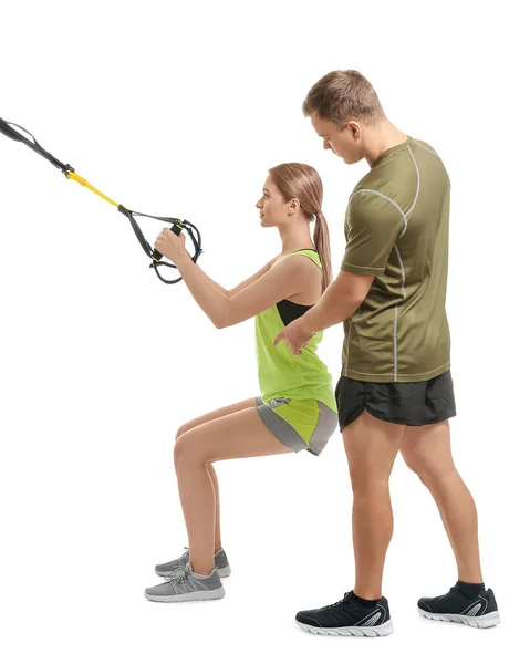 Coach Helping Young Woman Train Trx Straps White Background — Stock Photo, Image