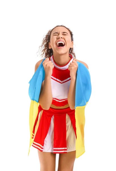 Emocjonalna Cheerleaderka Flagą Ukrainy Białym Tle — Zdjęcie stockowe
