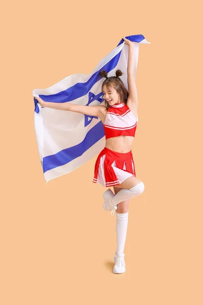 Piękna Młoda Cheerleaderka Flagą Izraela Tle Koloru — Zdjęcie stockowe