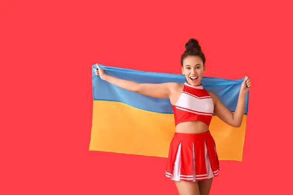 Beautiful Young Cheerleader Flag Ukraine Color Background — Stock Photo, Image