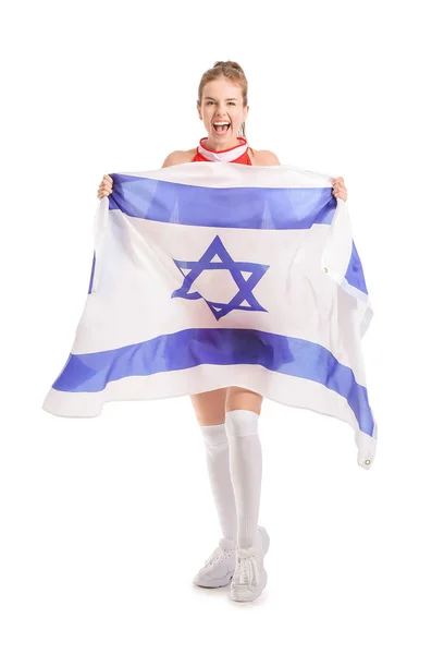 Líder Torcida Emocional Com Bandeira Israel Fundo Branco — Fotografia de Stock