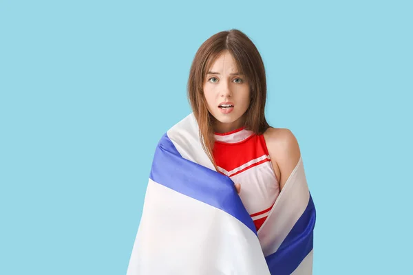Emocjonalna Cheerleaderka Flagą Izraela Tle Koloru — Zdjęcie stockowe