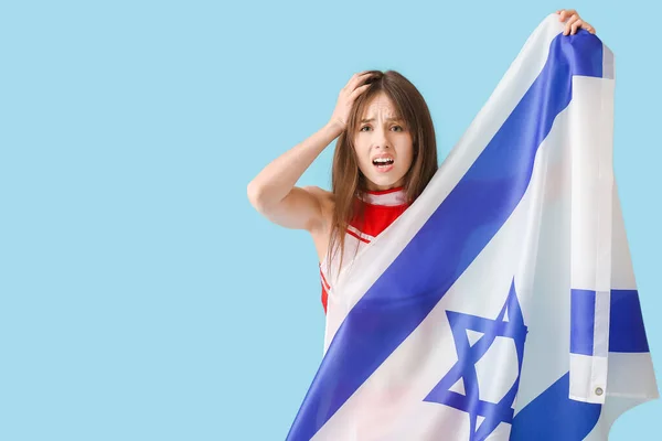 Animadora Emocional Con Bandera Israel Fondo Color —  Fotos de Stock