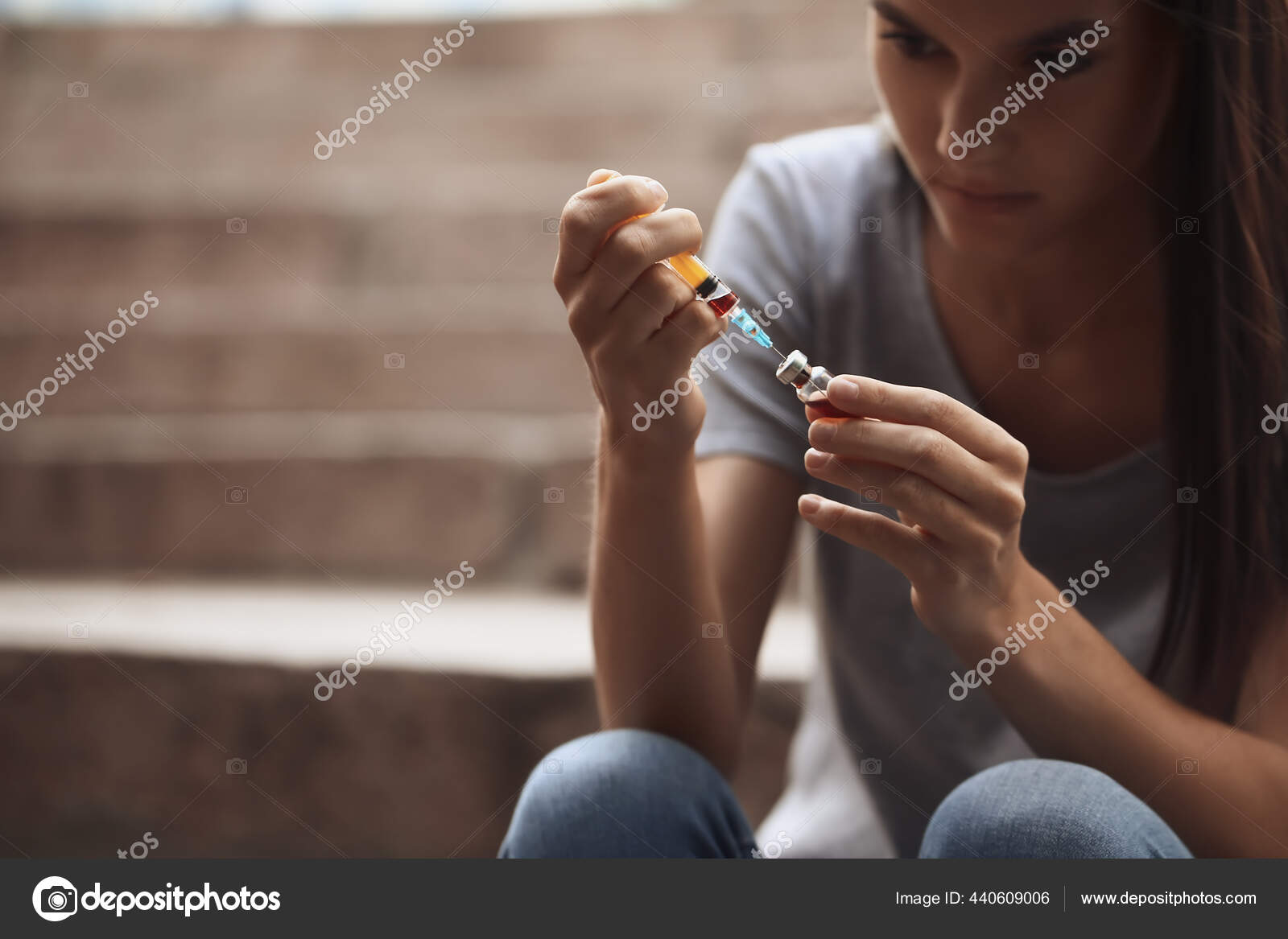 Female Junkie Giving Herself Injection Outdoors Stock Photo by ...