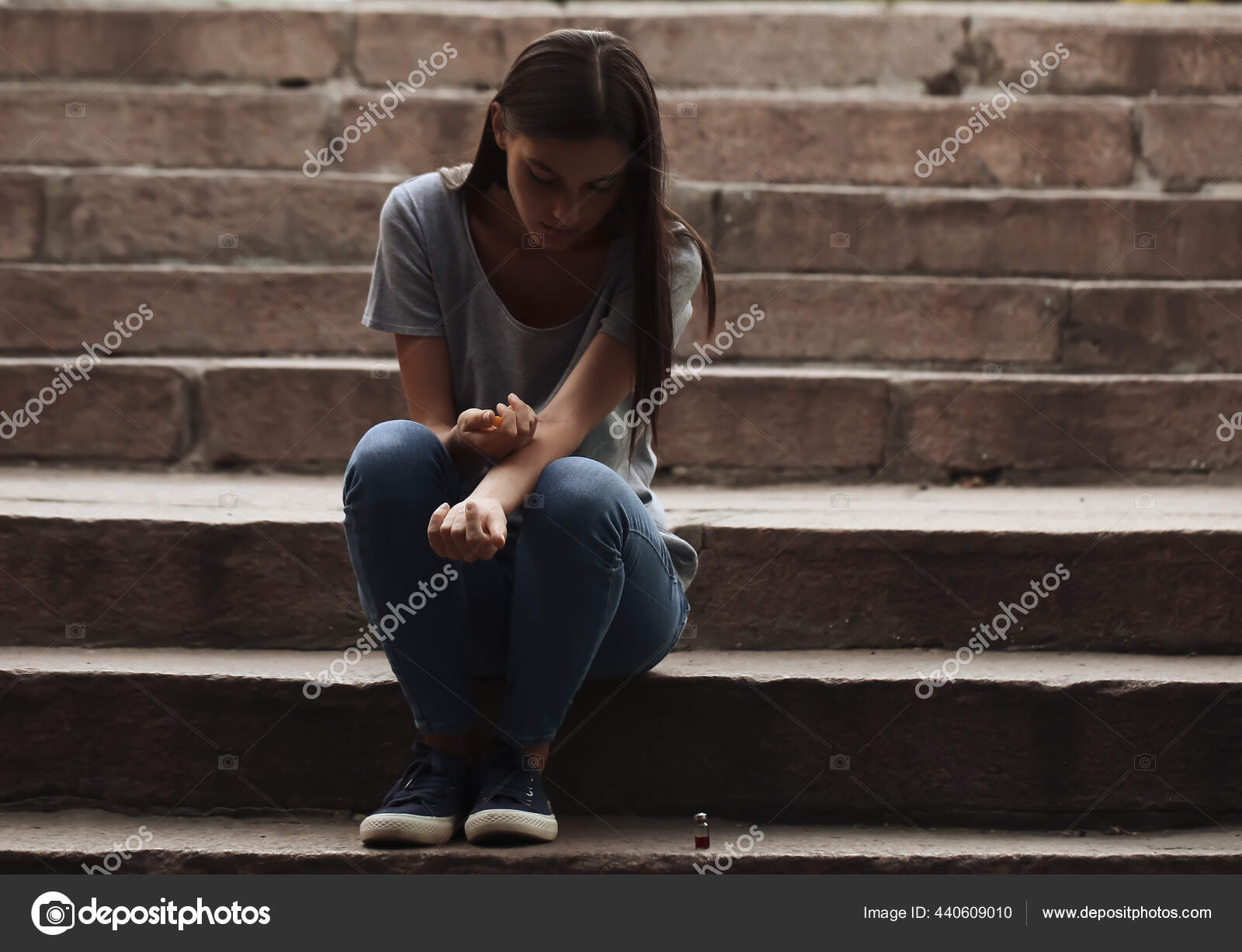 Female Junkie Giving Herself Injection Outdoors Stock Photo by ...