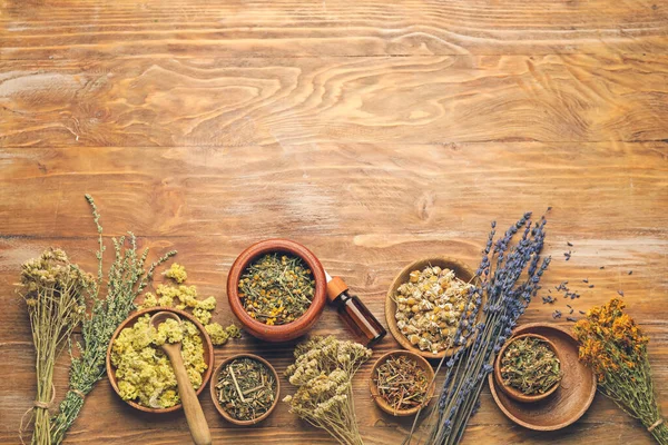 Beautiful Composition Different Herbs Wooden Background — Stock Photo, Image