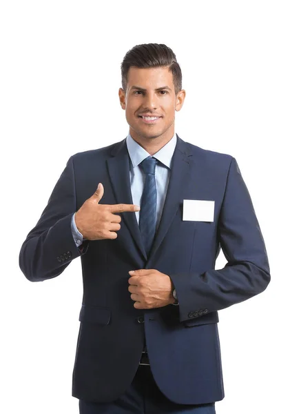 Elegante Hombre Traje Con Placa Blanco Sobre Fondo Blanco — Foto de Stock