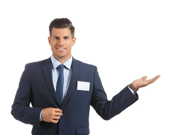 Elegante Hombre Traje Con Placa Blanco Sobre Fondo Blanco — Foto de Stock