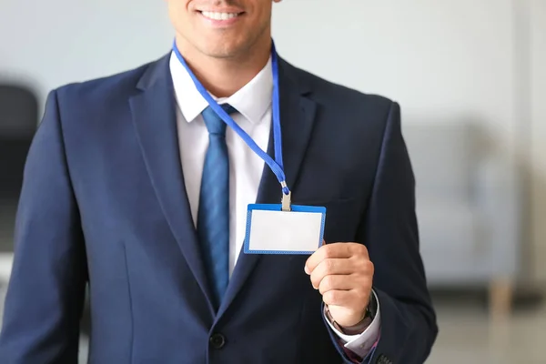 Elegant Man Suit Blank Badge Office — Stock Photo, Image