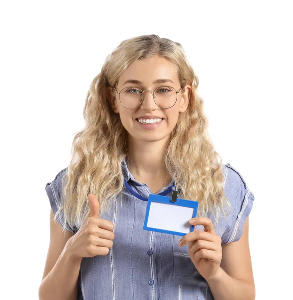 Young Woman Blank Badge White Background — Stock Photo, Image