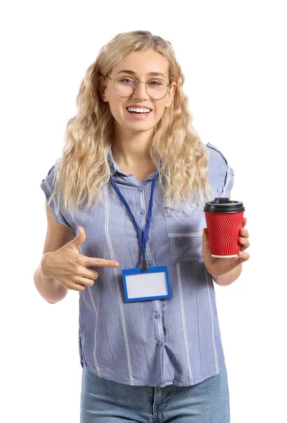 Young Woman Blank Badge Takeaway Cup White Background — Stock Photo, Image