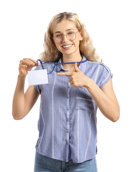 Young Woman Blank Badge White Background — Stock Photo, Image