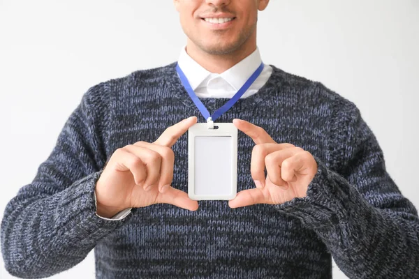 Young Man Blank Badge White Background — Stock Photo, Image